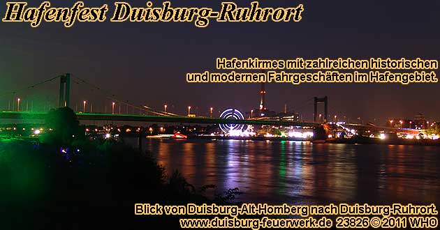 Hafenfest Duisburg-Ruhrort am Rhein. Blick von Duisburg-Alt-Homberg nach Duisburg-Ruhrort. Hafenkirmes mit zahlreichen historischen und modernen Fahrgeschften sowie Riesenrad im Hafengebiet Duisburg-Ruhrort.